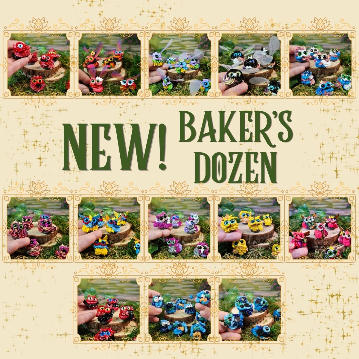 A promotional collage for a 'BAKER'S DOZEN' set of colorful, novelty frosting figurines. The layout features multiple small photos of hands holding various colorful creatures shaped like frosting characters, set against a decorative beige background with gold borders and the text 'NEW! BAKER'S DOZEN'.