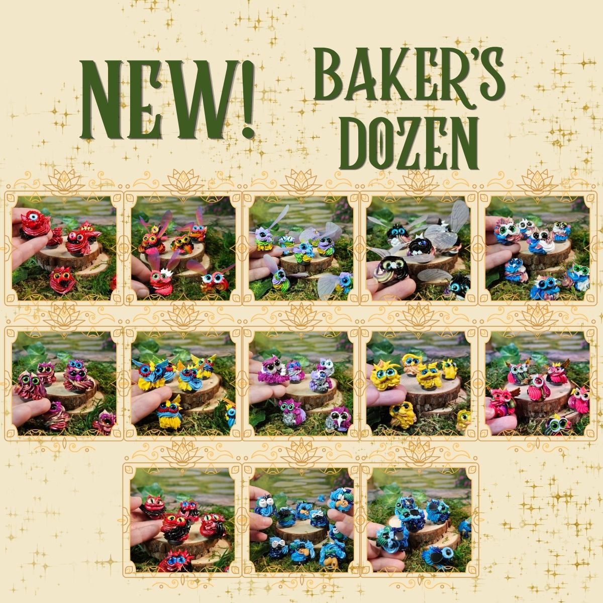 A promotional collage for 'NEW! BAKER'S DOZEN' showing multiple small colorful frosting character figurines arranged on wooden slices and held in hands. The background is a warm beige with decorative gold flourishes and sparkles, and large green text at the top reads 'NEW! BAKER'S DOZEN'.
