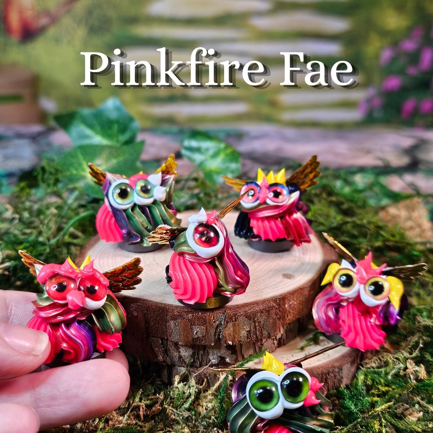 Five colorful frosting figurines with large green eyes and gold wings are displayed on a small wood slice in a mossy outdoor-style setting. A hand is visible holding one creature on the lower left, and the text 'Pinkfire Fae' appears at the top.