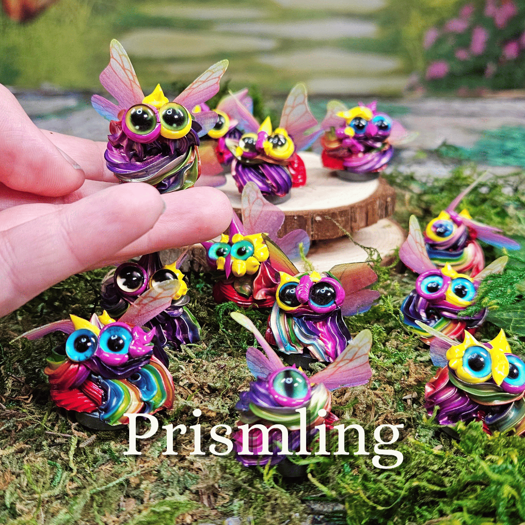 Colorful, winged frosting creatures on a natural background with 'Prismling' branding.