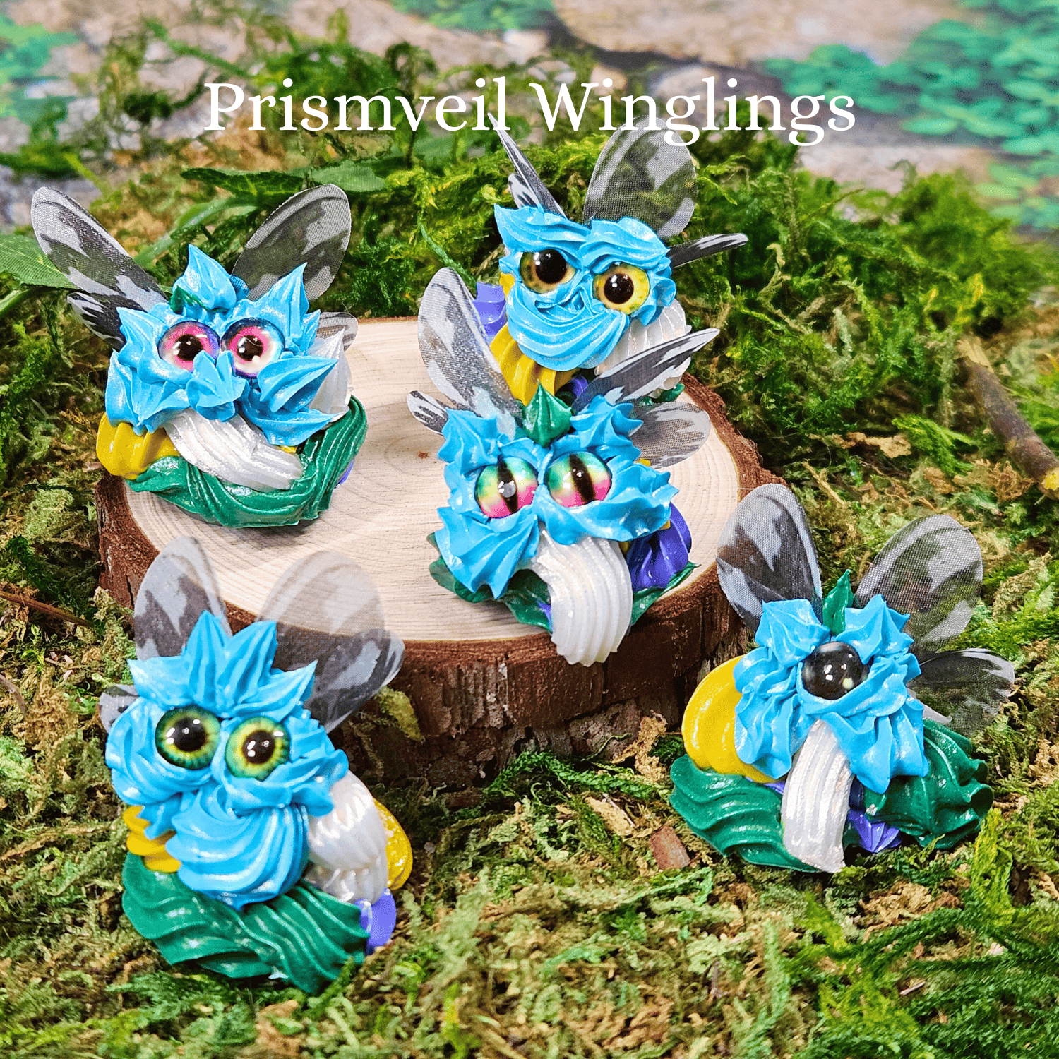 Four colorful winged frosting creatures on a wooden stump with 'Prismveil Winglings' text above.