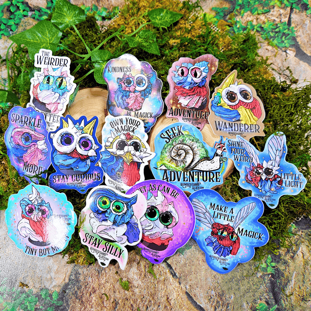 Collection of colorful stickers with cartoon characters on a natural background