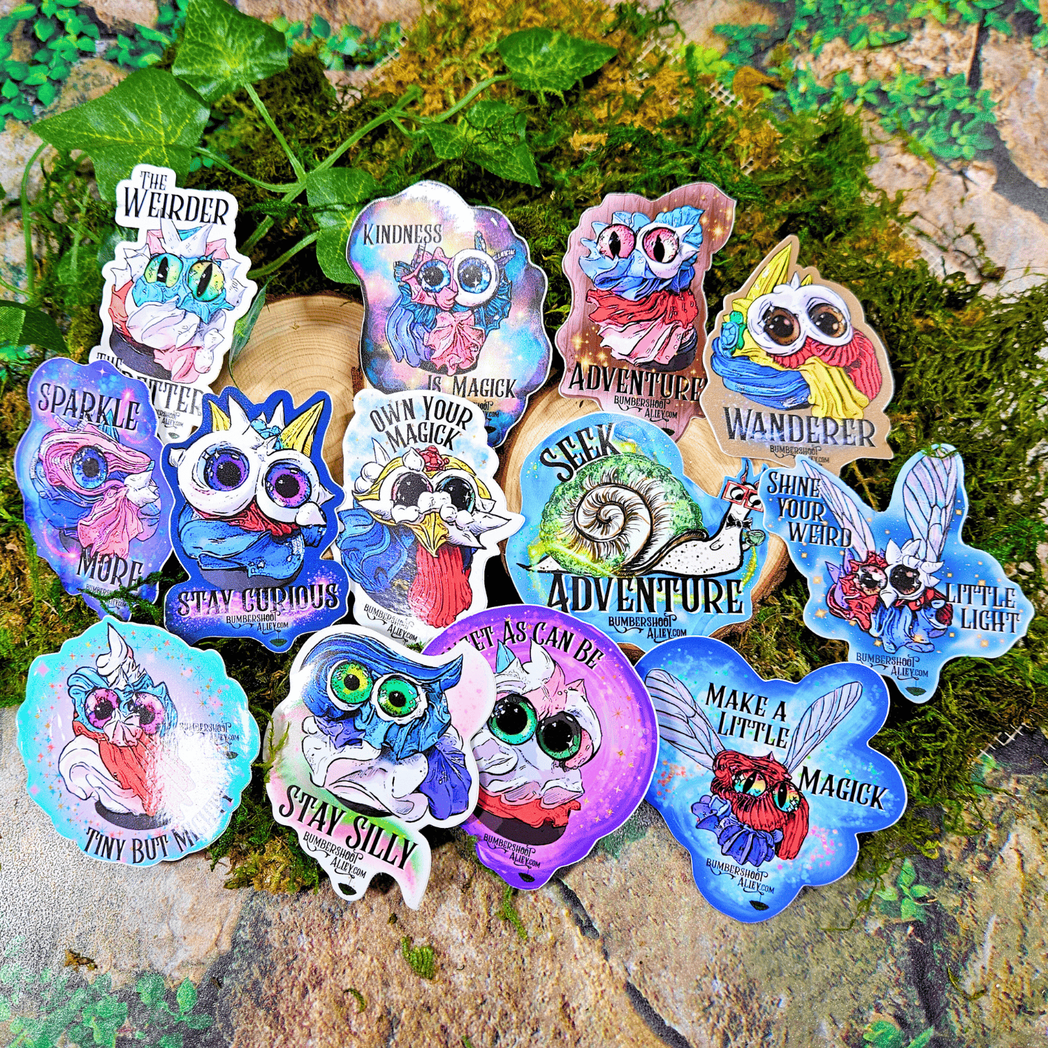 Collection of colorful stickers with cartoon characters on a natural background