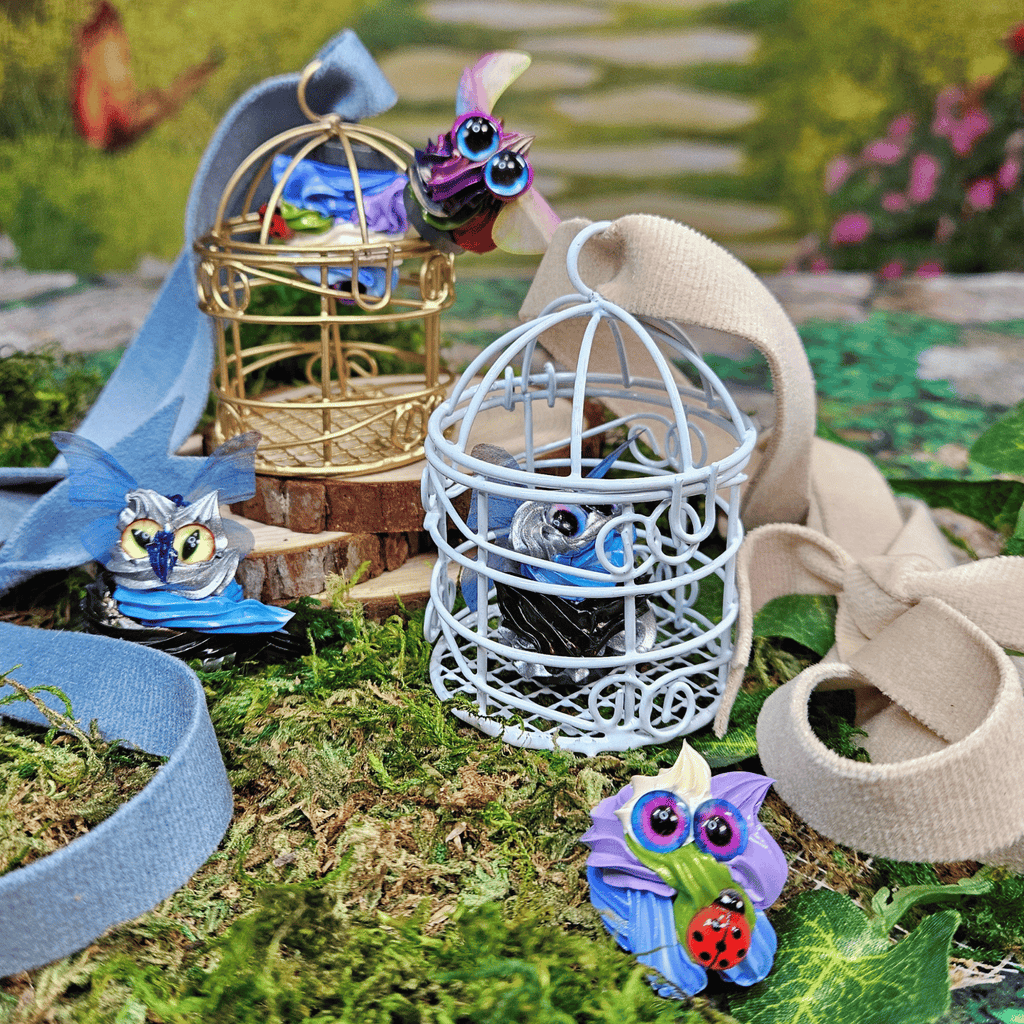 Frosting creatures with little cages on a grassy background.