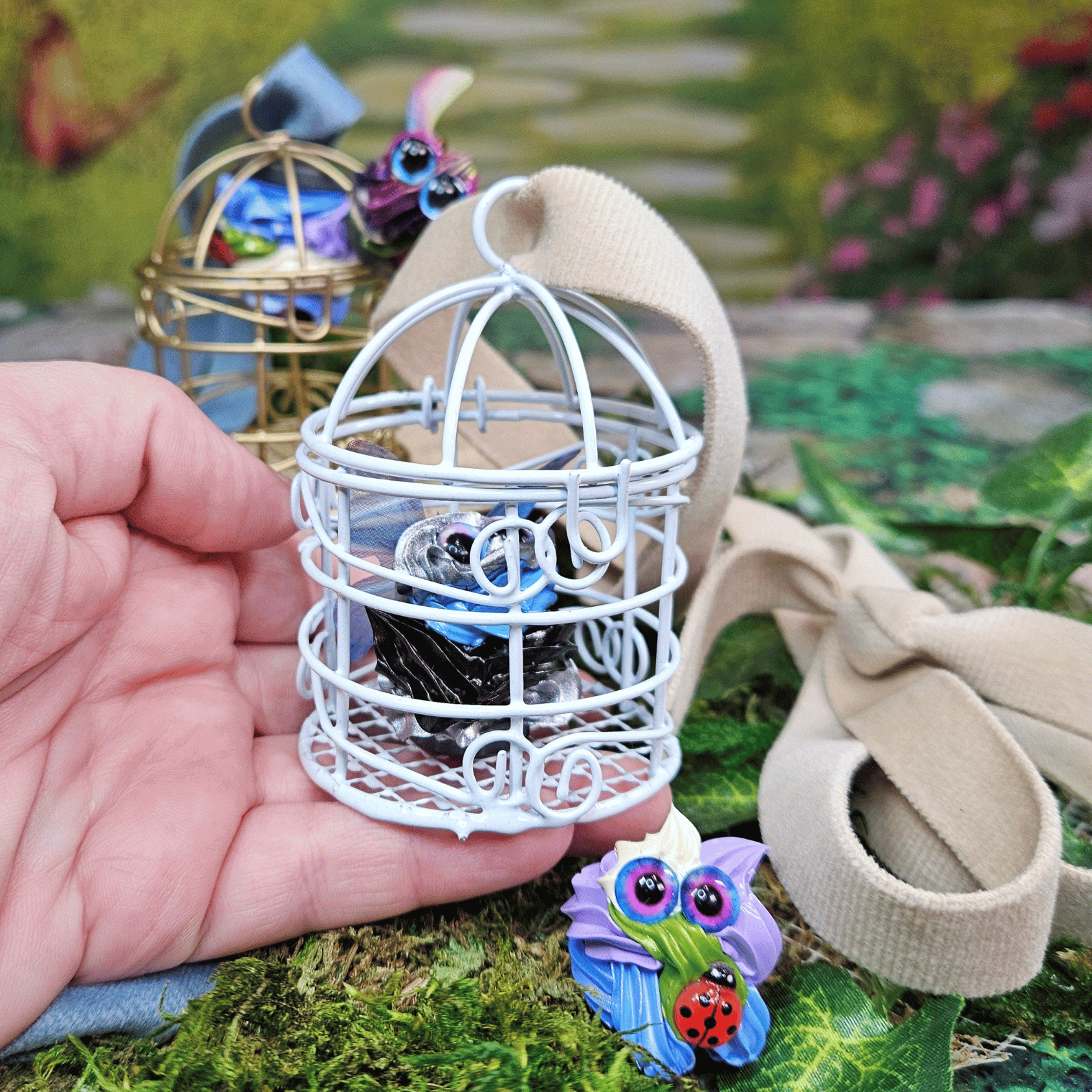 Small decorative cage with a frosting creature inside, held by a hand on a natural background.