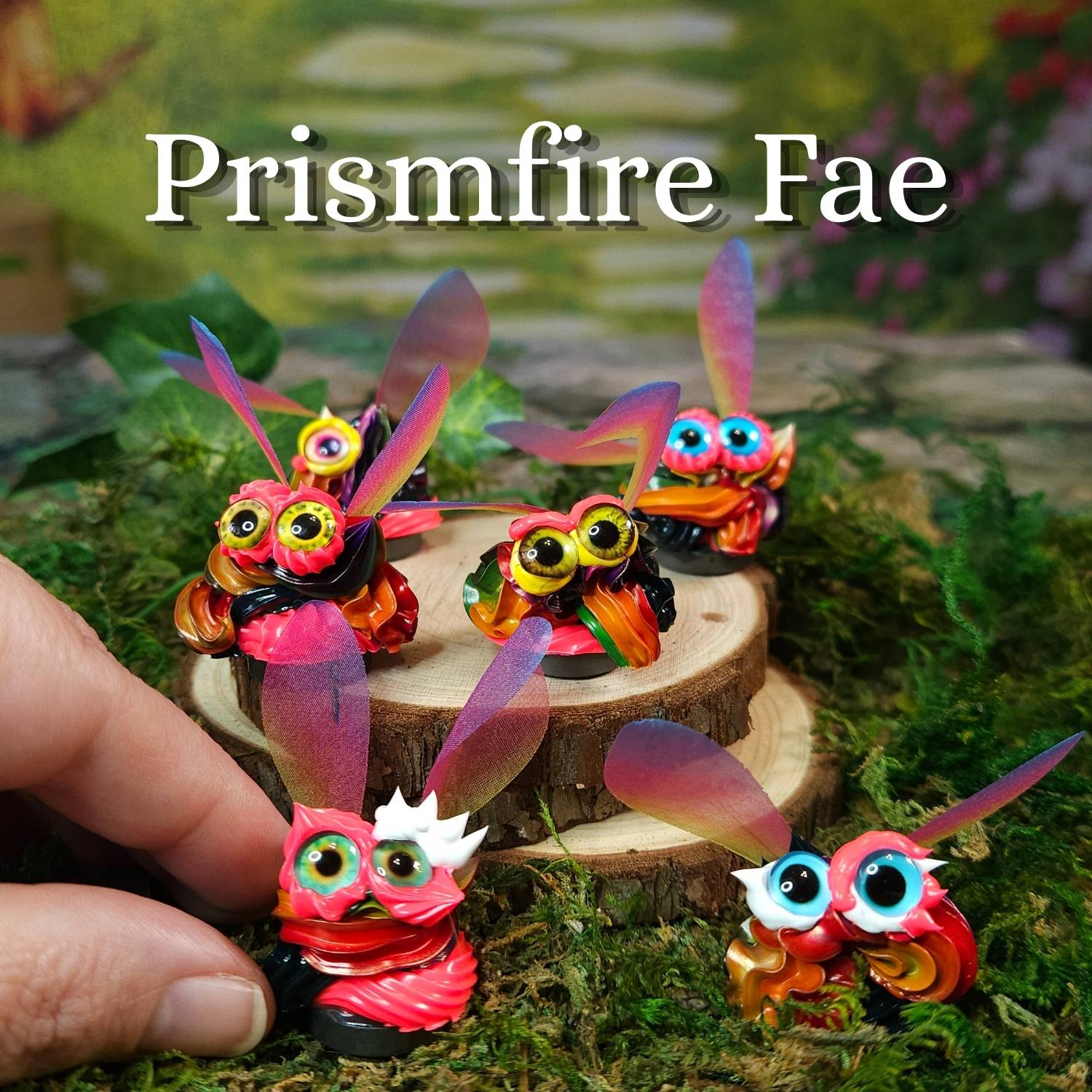 Five colorful fantasy frosting figurines with large cartoon eyes and translucent wings are displayed on moss and a small wood slice. A human hand is visible holding one figurine, and the text 'Prismfire Fae' appears at the top.
