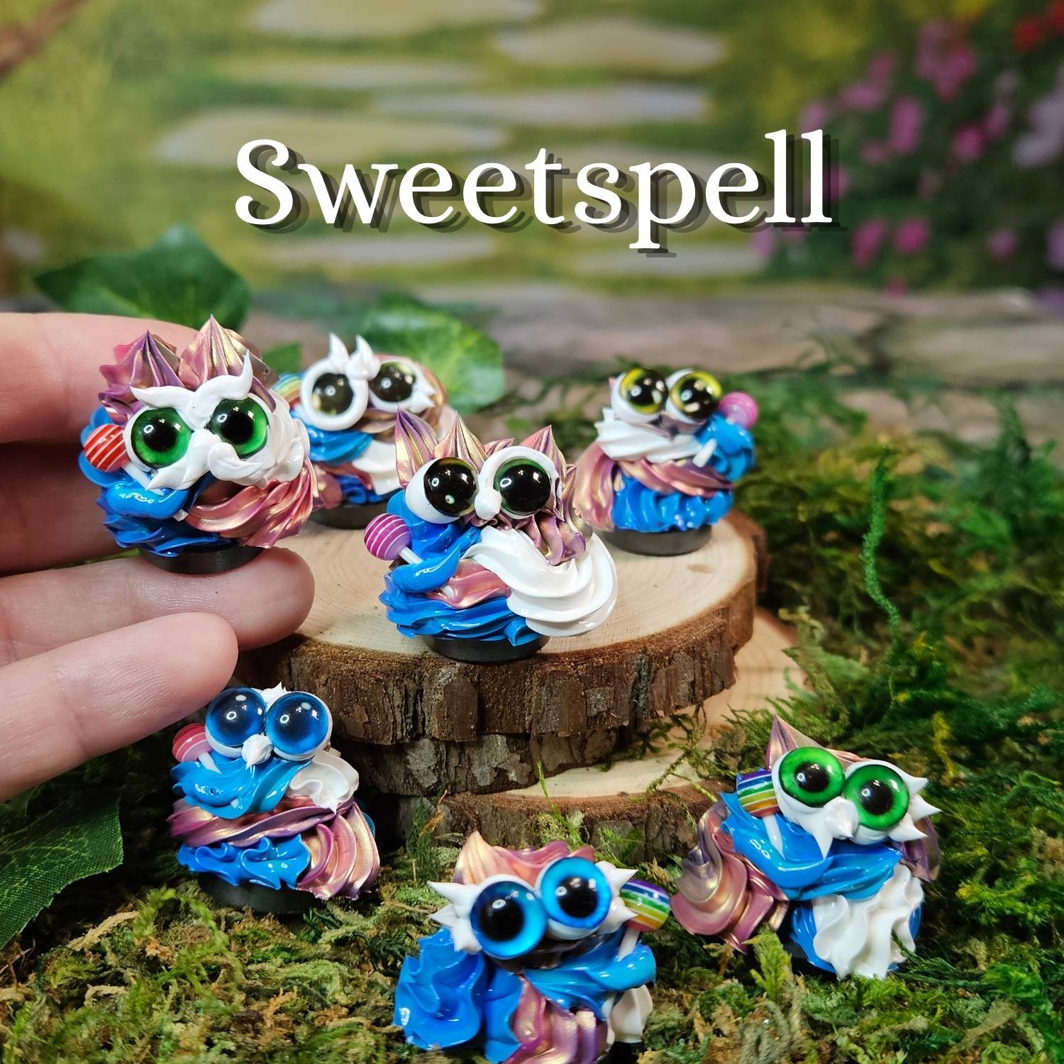 A hand holds a small colorful frosting figurine in front of several matching frosting decorations arranged on moss and a wood slice. The word 'Sweetspell' appears across the top.